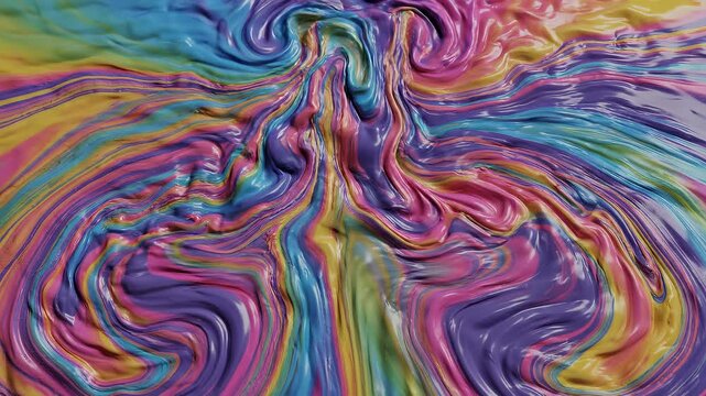 Fluidic abstract motion with vibrant rainbow colors swirling in a dynamic evolving pattern during dynamic lighting