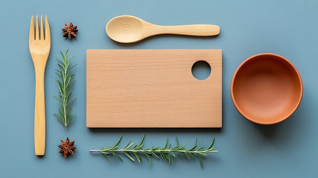 Wooden cutting board with cooking utensils fresh herbs and ceramic bowl on blue background