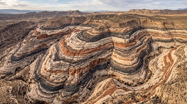 Aerial view of layered mineral deposits in arid desert badlands with erosion patterns and geological formations