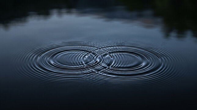 Intersecting water ripples on dark liquid surface creating concentric circles pattern