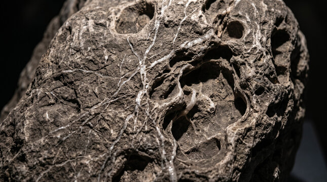 Close-up of ancient eroded stone texture with deep natural weathering patterns and cracks