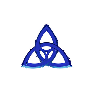 Celtic triquetra knot icon crafted in deep blue glass with digital glitch effects is perfect for fantasy games and logo design.