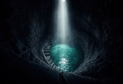 Dark underground cave with a glowing turquoise pool of water. Sunlight beam shining down on a subterranean cenote with carved stone steps. Hidden natural geological formation