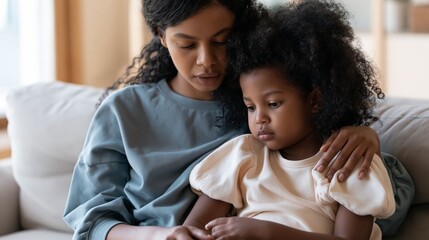 Obraz premium mother gently comforting discouraged child on sofa in bright modern home
