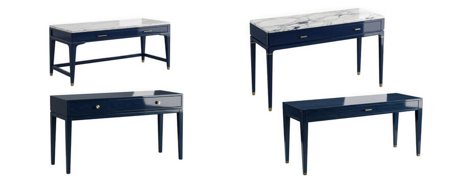 Four different blue console tables with marble and wood tops isolated on transparent background