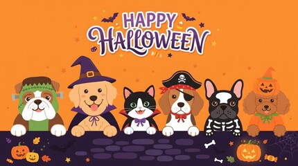 Fototapeta premium Happy halloween background featuring cute dogs and cats wearing costumes on orange