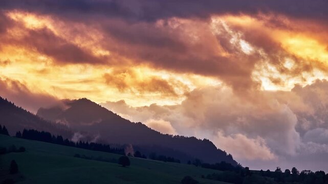 Telephoto Timelapse of Dramatic Evening Clouds Moving Over Mountain Ridge at Sunset