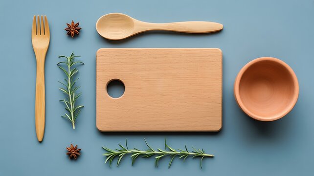 Wooden cutting board with kitchen utensils fresh herbs and bowl arranged on blue background