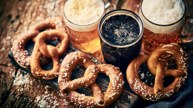 Freshly baked pretzels and cold beer mugs arranged on a rustic wooden table with traditional