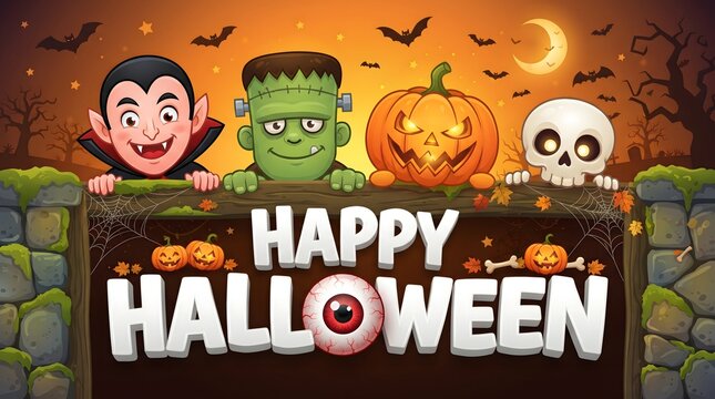 Happy halloween spooky sign with cute vampire frankenstein pumpkin and skull cartoon characters