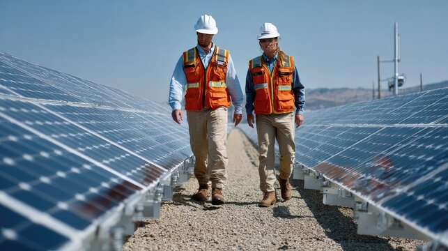 Solar Energy Workers Inspecting Array: Two technicians in hard hats and safety vests walk between rows of solar panels under a clear blue sky, examining the renewable energy infrastructure.