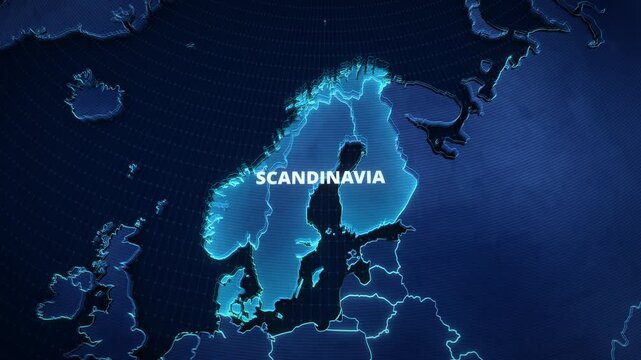 A 3D digital map animation highlighting Scandinavia, Northern Europe, featuring glowing borders, extruded terrain, and typography for a broadcast news opener or presentation backdrop.
