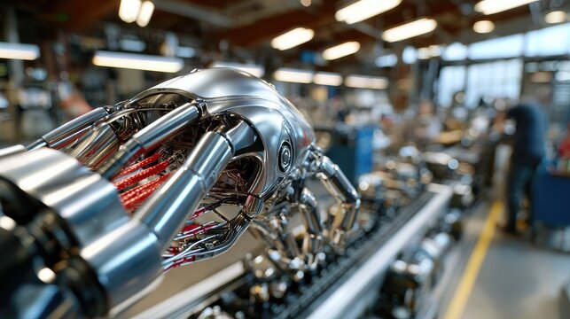 Robotic Arm in Factory Assembly Line: A close-up view of a sophisticated robotic arm with intricate wiring and metallic precision working on an assembly line in a modern manufacturing facility.