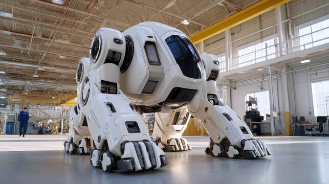 Giant Robot in Factory: A futuristic, white bipedal robot with intricate detailing stands on the concrete floor of a large industrial factory, hinting at advanced technology and automation.