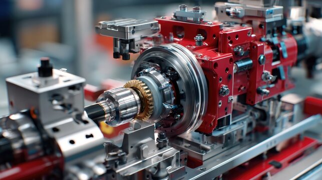 Precision Engineering: A close-up of a complex mechanical device, showcasing intricate gears, metal components, and advanced engineering in a factory setting.