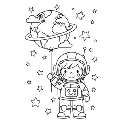 Cute astronaut holding a planet balloon in a whimsical space background © YAUHENIYA SADOUSKAYA