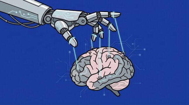 Mechanical robot hand controlling a human brain like a puppet on strings with blue background
