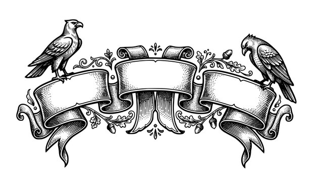 Heraldic Triple Ribbon Banner with Two Birds Antique Engraved Vector Design