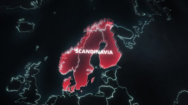 A 3D map animation of Scandinavia, Northern Europe, with a glowing red alert highlight, illuminated borders, and a typography label, ideal for a widescreen geopolitical news broadcast background.