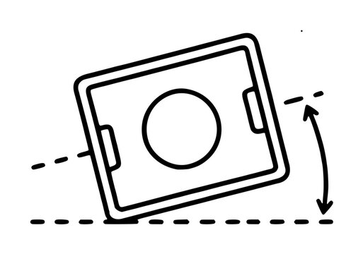 Minimalist black and white vector icon illustration of a tilt sensor or accelerometer device showing orientation angle with a curved arrow and dashed lines for precise measurement and leveling tool.