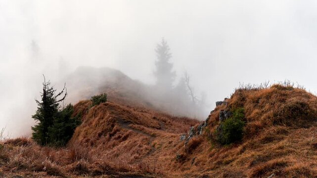 Thick Fog Rolling over Grassy Mountain Ridge Close Up Time Lapse