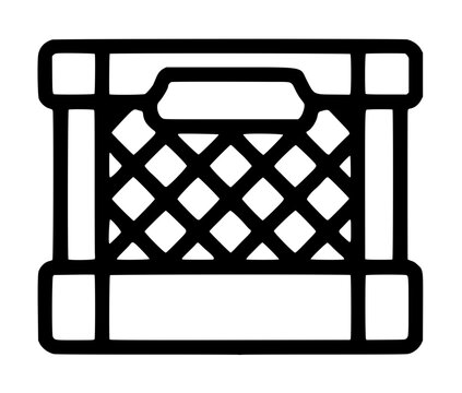 Minimalist black and white vector icon of a plastic milk crate featuring a sturdy lattice design and handle cutout, perfect for storage, organization, and industrial logistics illustration.