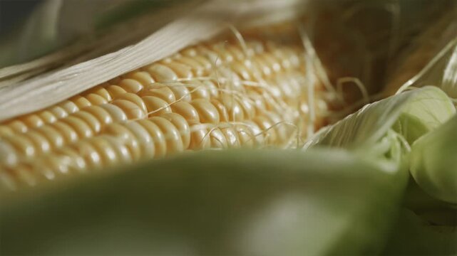 Hand peeling back green husk to reveal golden sweetcorn kernels
