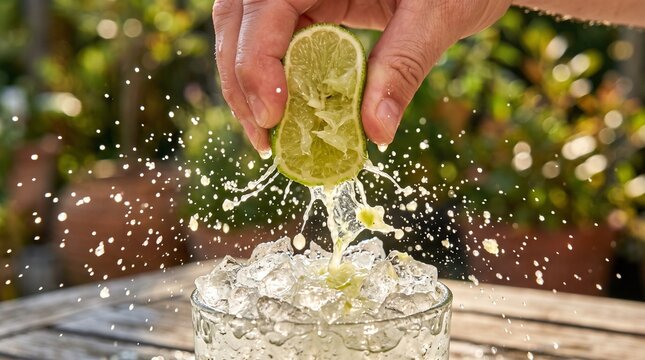 Hand squeezing fresh lime juice into ice filled glass creating refreshing splash for summer drinks and tropical vacations brazilian tropical summer vacation