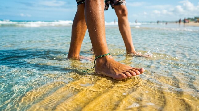 Close up of bare feet walking in shallow ocean water with sandy bottom and distant beach scene brazilian tropical summer vacation