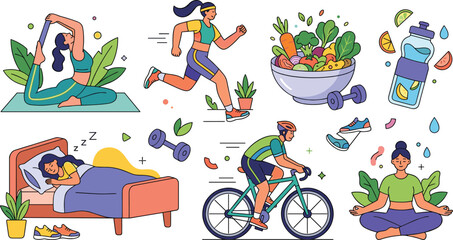Fototapeta premium Healthy Lifestyle and Wellness Vector Illustration Set Featuring Yoga Meditation Running Cycling Sleeping Healthy Food Bowl and Infused Water Bottle