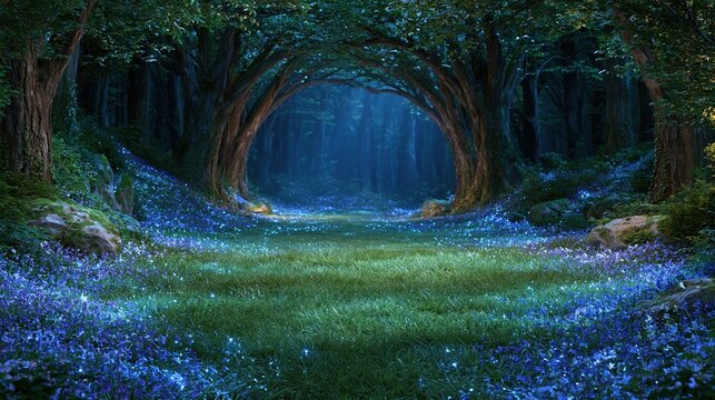 Enchanting forest path with glowing blue flowers and arching trees at twilight