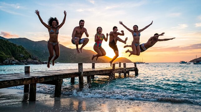 Joyful friends jumping off wooden pier into ocean at sunset during Brazilian summer vacation brazilian tropical summer vacation