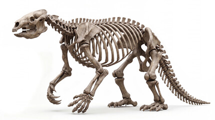 Fototapeta premium Megatherium americanum full skeleton, complete articulated skeleton of the prehistoric giant ground sloth, scientifically accurate osteological reconstruction shown in a clean lateral profile, entire 