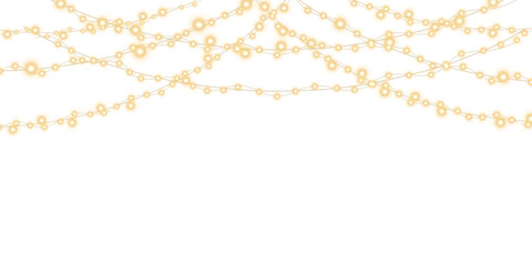 Naklejka premium Vector Christmas light bulbs, glowing garlands string. New Year's party lights, holiday decorations. Winter holiday season element. Vector illustration isolated on transparent png background.