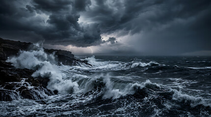 Fototapeta premium Dramatic Storm Clouds Over the Sea with Powerful Waves and Dark Blue Ocean Waters Along a Scenic Coastal Landscape