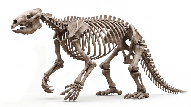 Megatherium americanum full skeleton, complete articulated skeleton of the prehistoric giant ground sloth, scientifically accurate osteological reconstruction shown in a clean lateral profile, entire 
