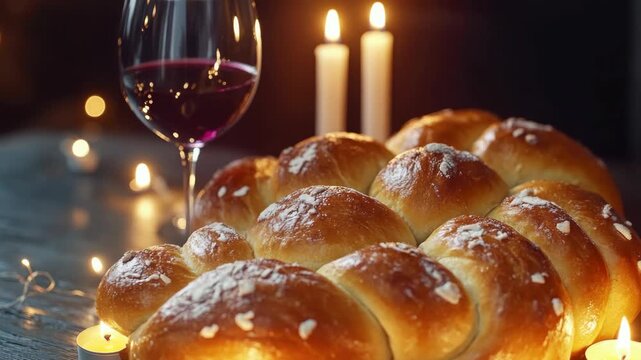 Braided bread and red wine on a candlelit table