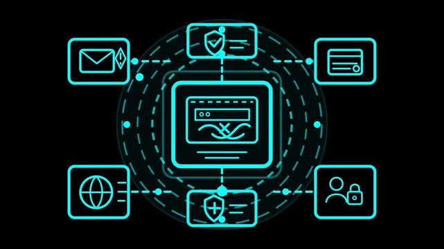 Cybersecurity Network Security and Data Protection Technology Icons Arranged Around a Central Digital Hub