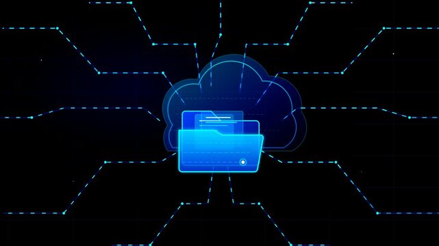 Blue digital folder icon inside a glowing cloud symbol for cloud storage and data management concept