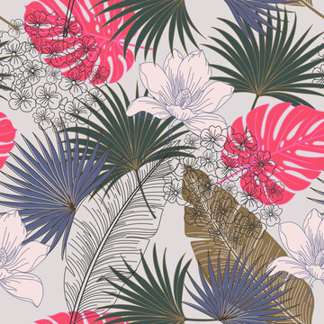 Tropical Seamless Vector Pattern Design. palm tree hand drawing print design. Abstract leaf fabric graphics. Summer T-shirt Design. tropical botanical summer graphics. vintage retro summer prints.  
