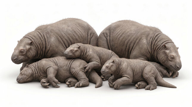 Megatherium americanum family group sleeping, a small family group of prehistoric giant ground sloths resting and sleeping closely together in a relaxed protective arrangement, adults and juveniles na