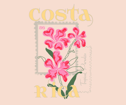 flowers retro artwork Brush texture graphic design. costa Rica typography slogan. tropical summer prints. hand made t-shirt print design. 