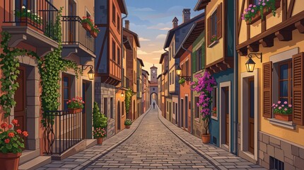Fototapeta premium Illustration of a narrow street with colorful tall buildings, hanging string lights, walking people, and bicycles.