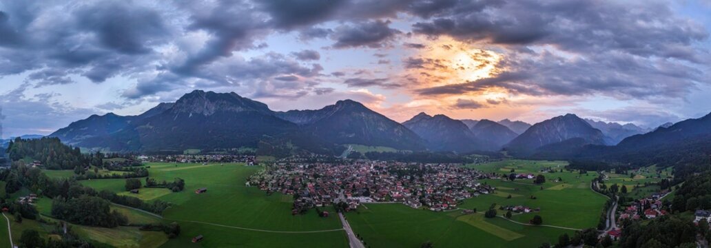 Oberstdorf panorama at sunset in the Bavarian Alps