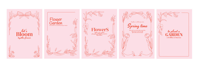 Naklejka premium Elegant doodle frame set with pink flowers and ribbon bows on white background. Vector illustration of floral borders decorated with leaves and spring blossom, botanical garden party invitation design