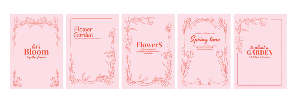 Elegant doodle frame set with pink flowers and ribbon bows on white background. Vector illustration of floral borders decorated with leaves and spring blossom, botanical garden party invitation design