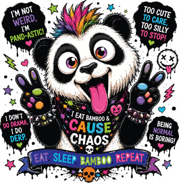 A Cute cartoon panda bear with playful expressions and colorful accessories