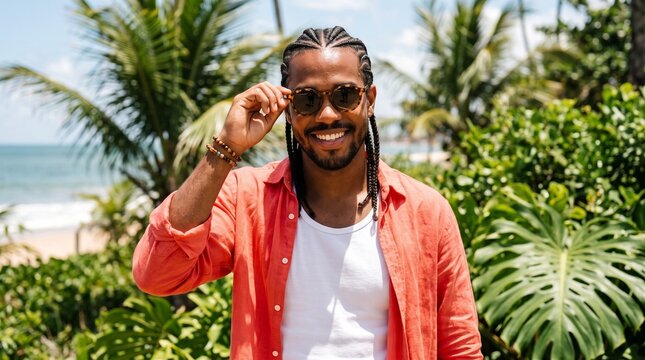 Smiling Brazilian man with braided hair wearing sunglasses and coral shirt on tropical beach vacation brazilian tropical summer vacation