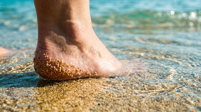 Close up of a person's foot stepping into clear ocean water on a sandy beach during summer vacation brazilian tropical summer vacation