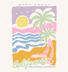 Naklejka premium Abstract Summer Beach Drawing Sketch. Brush line Graphics Artwork. tropical palm tree vintage retro artwork. Summer T-shirt design. California Santa Monica loss angels. 